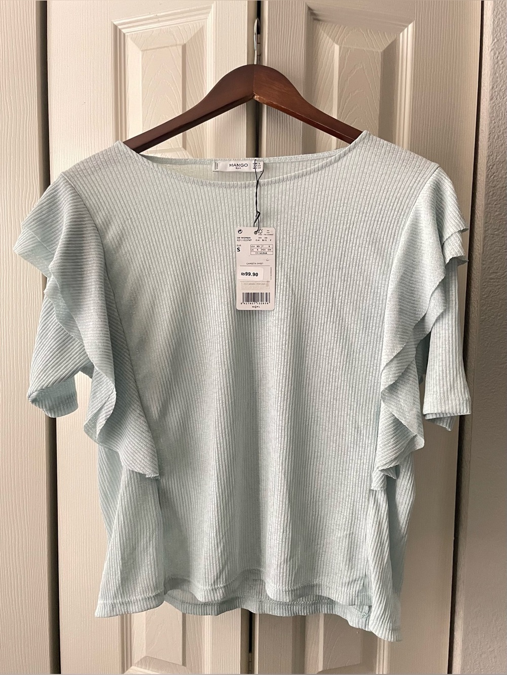 Mango Light Blue Ribbed Top with Ruffle Sleeves